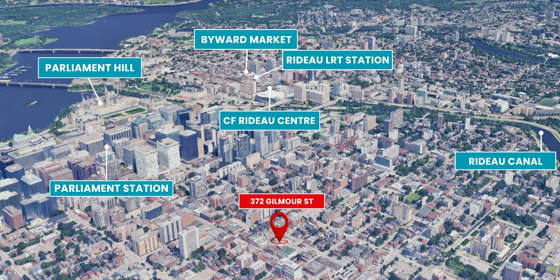 Aerial view of downtown Ottawa showing 372 Gilmour Street relative to Parliament Hill, ByWard Market, Rideau LRT Station, CF Rideau Centre, Parliament Station and the Rideau Canal